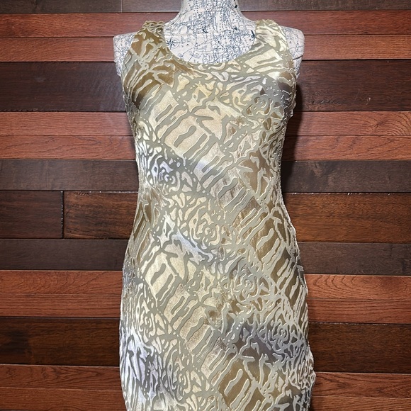 Vintage Simply Silk Scoop Neck Animal Print Gold and Silver Midi Dress - Picture 4 of 10